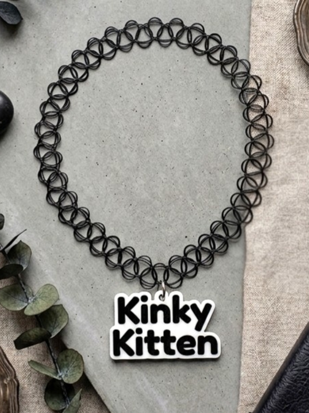 Stretchy Black Kinky Kitten Good Girl Brat Dom Sub Pendant Necklace Choker